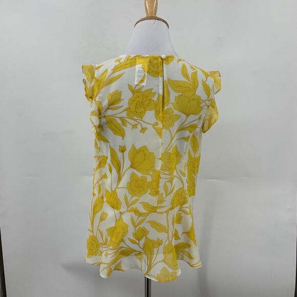 CAbi Blouse Womens XS Extra Small Yellow White Sunrise Floral Ruffle Cap Sleeves - Picture 3 of 11